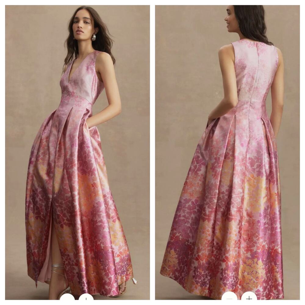 Sachin & Babi Brooke Gown Pink Satin Pleated Slit Gown sze 0